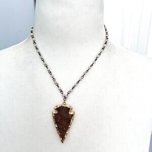 Jasper? Stone Arrowhead Pendant Gold and White Beaded Adjustable Necklace